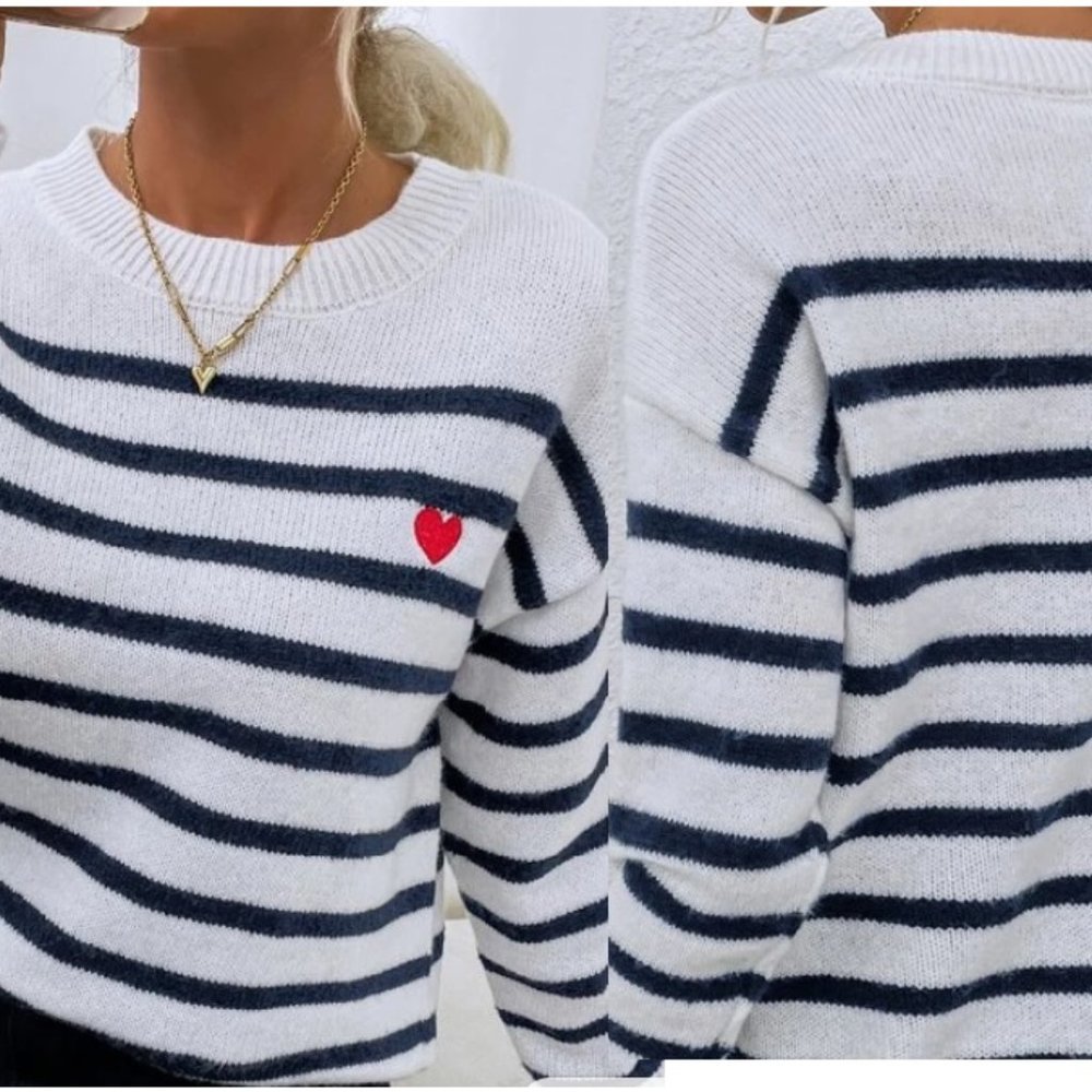 Striped Crewneck Sweater with Red Heart Accent - White/Navy